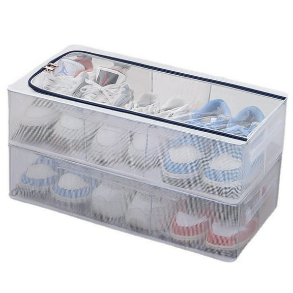 Shoe Storage Organizers for Closet, 2 Pack Plastic Mesh Netting Boxes with Lids Handles and Zipper, Under Bed Shoe Containers Bag for Clothes, Socks, Underbed Storage with Stainless Steel Frame,Clear