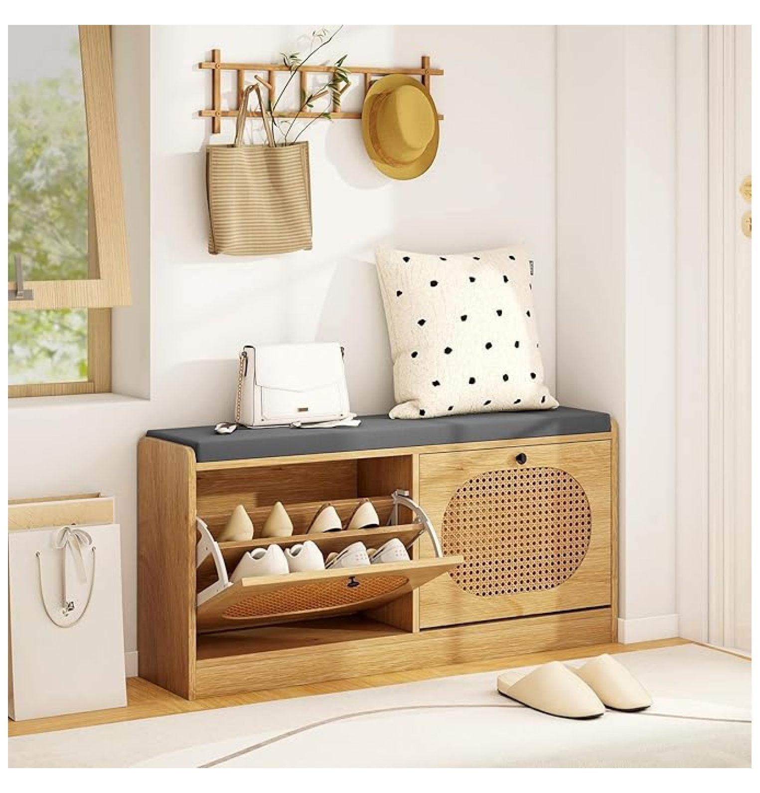 Shoe Storage with Seat Cushion, Rattan Entryway with 2 Drawers — free download
