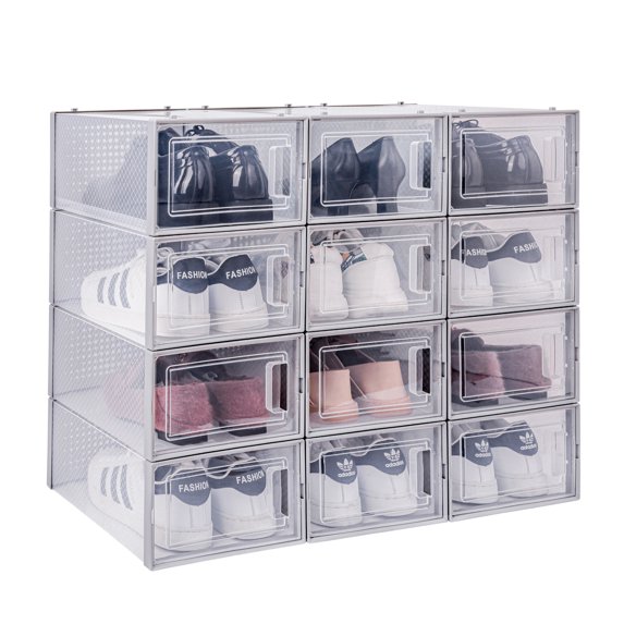 Shoe Storage Stackable Entryway Box Set of 12, Plastic, Gray