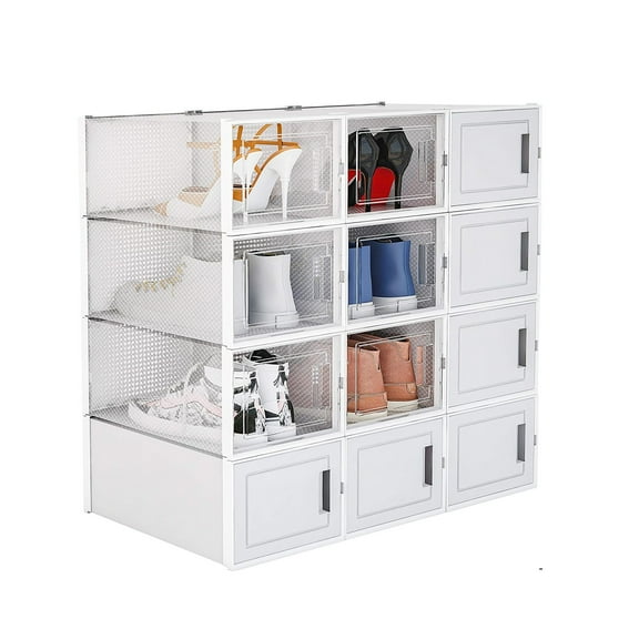 Shoe Storage Stackable Entryway Box Set of 12, Plastic, Transparent & White