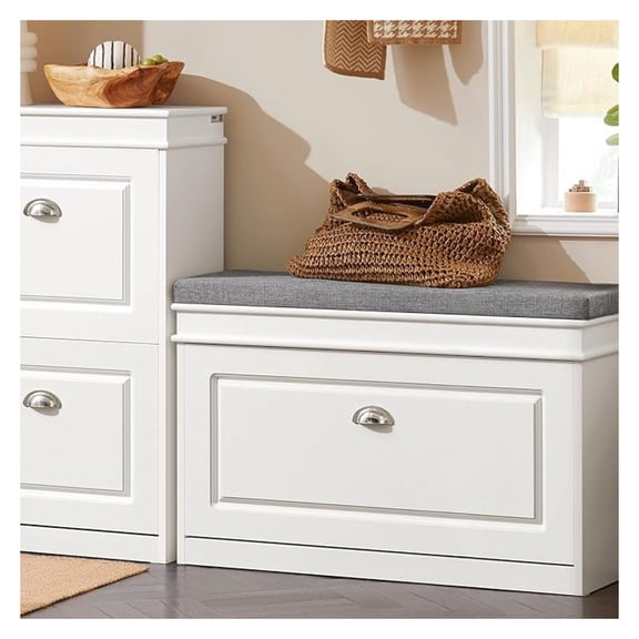 Shoe Storage with Cushion, White Narrow Shoe Rack for Entryway, Small Shoe Cabinet with 2 Tiers -Drawer, Closet Hallway Mudroom FSR82-L-W