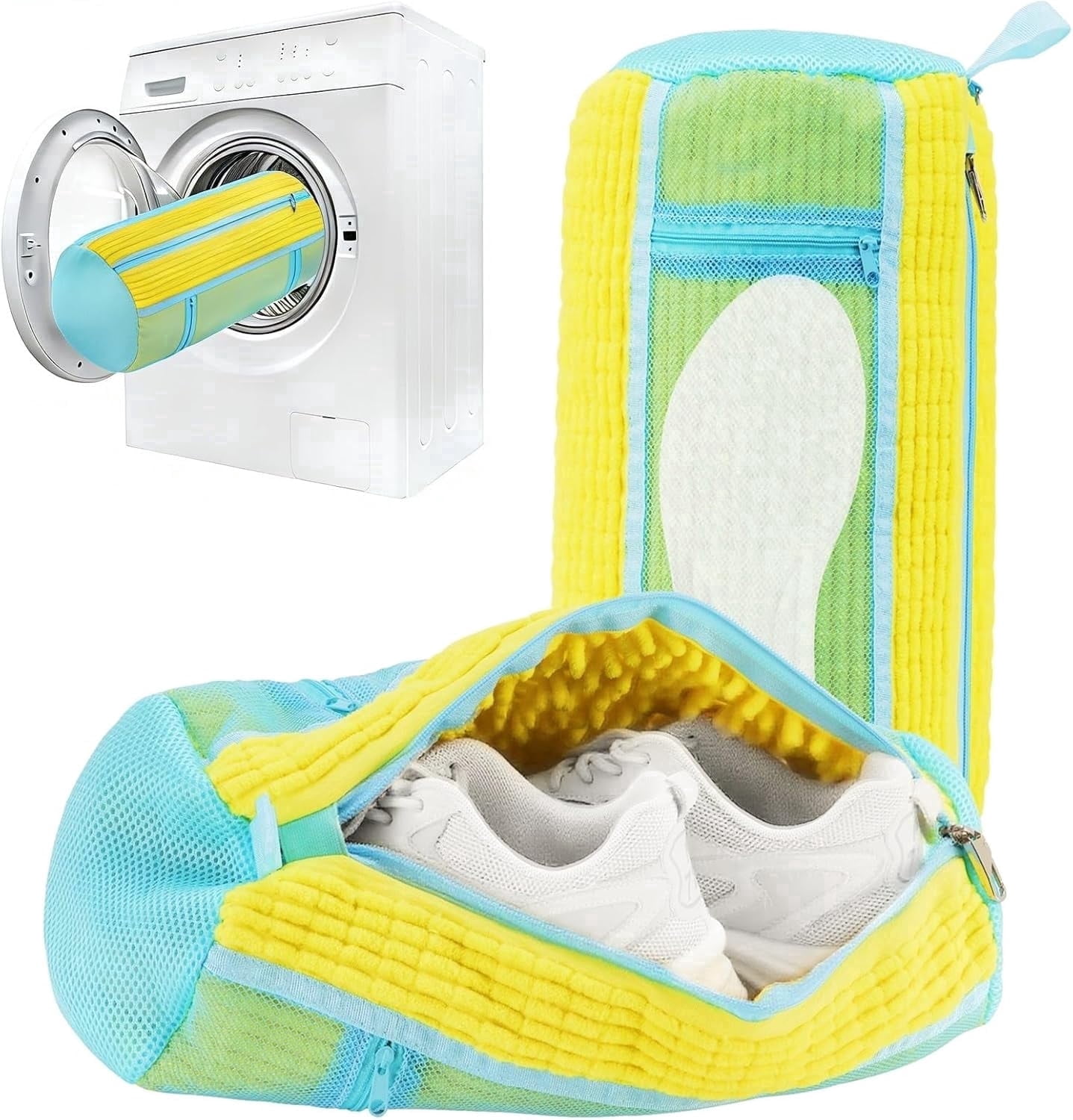 Shoe Washing Machine Bag 2 Pack, Laundry Shoe Bags with Insole Pocket, Reusable Shoe Cleaning Bags for Washer and Dryer, Protective 360° Deep Clean for Sneakers Tennis All Shoes Types（Yellow