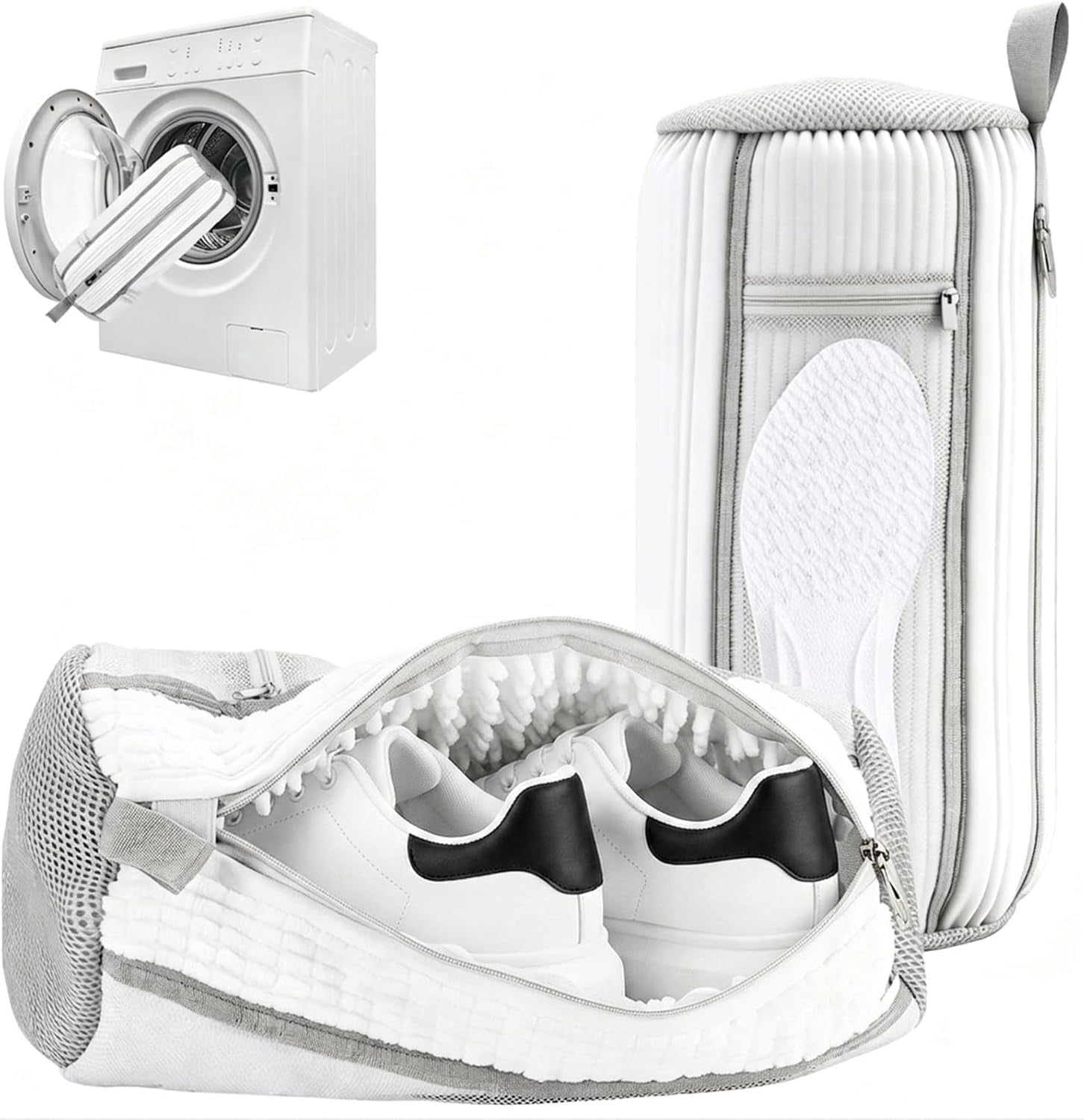 Shoe Washing Machine Bag 2 Pack, Laundry Shoe Bags with Insole Pocket, Reusable Shoe Cleaning Bags for Washer and Dryer, Protective 360° Deep Clean for Sneakers Tennis All Shoes Types (White)