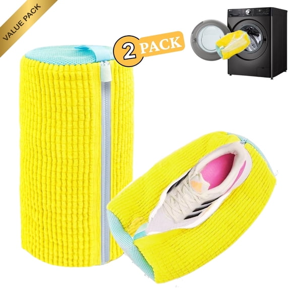 Shoe Washing Machine Bag 2-Pack Reusable Yellow Value Pack for Tennis Sneakers & Slippers Secure Zipper Lock Quiet Tangle-Free 360° Deep Clean - Laundry