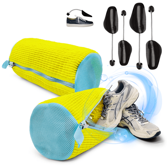 Easymora Shoe Washing Bag 2pcs Large with Zipper, Reusable Laundry Bag for Washing Machine, Durable Mesh Cleaner Kit with 4 Shoe Trees