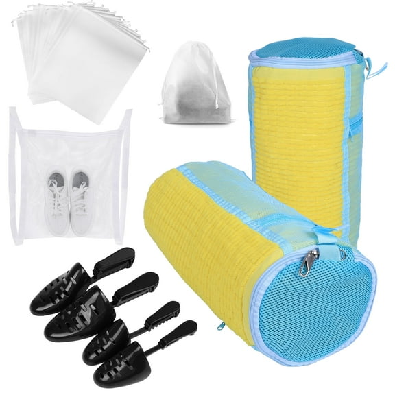 17PCS Shoe Washing Machine Bag, Laundry Shoe Bag, Reusable and Durable Zipper Shoe Cleaner Kit with 2 pairs Adjustable Shoe Trees(Large Yellow)