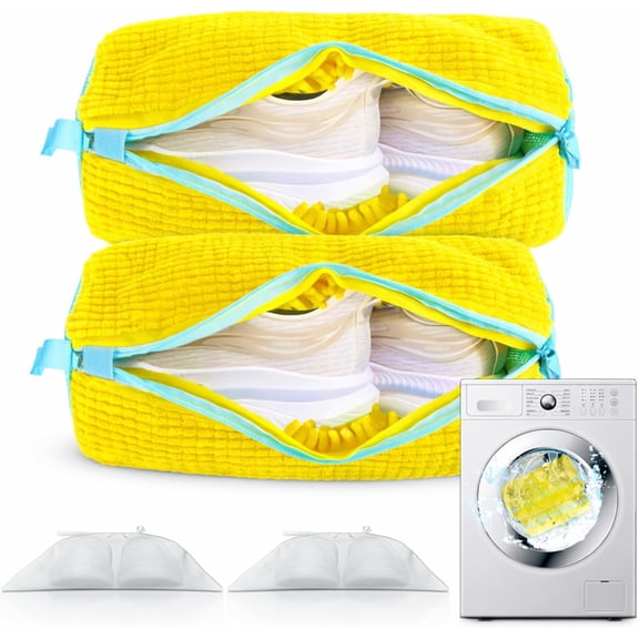 Shoe Washing Machine Bags, 2-Pack 360 Deep Cleaning, Protects Shoes & Washer, Self-Locking Zipper Design, Reusable Laundry Bags for Washing Two Pairs at Once (Yellow)