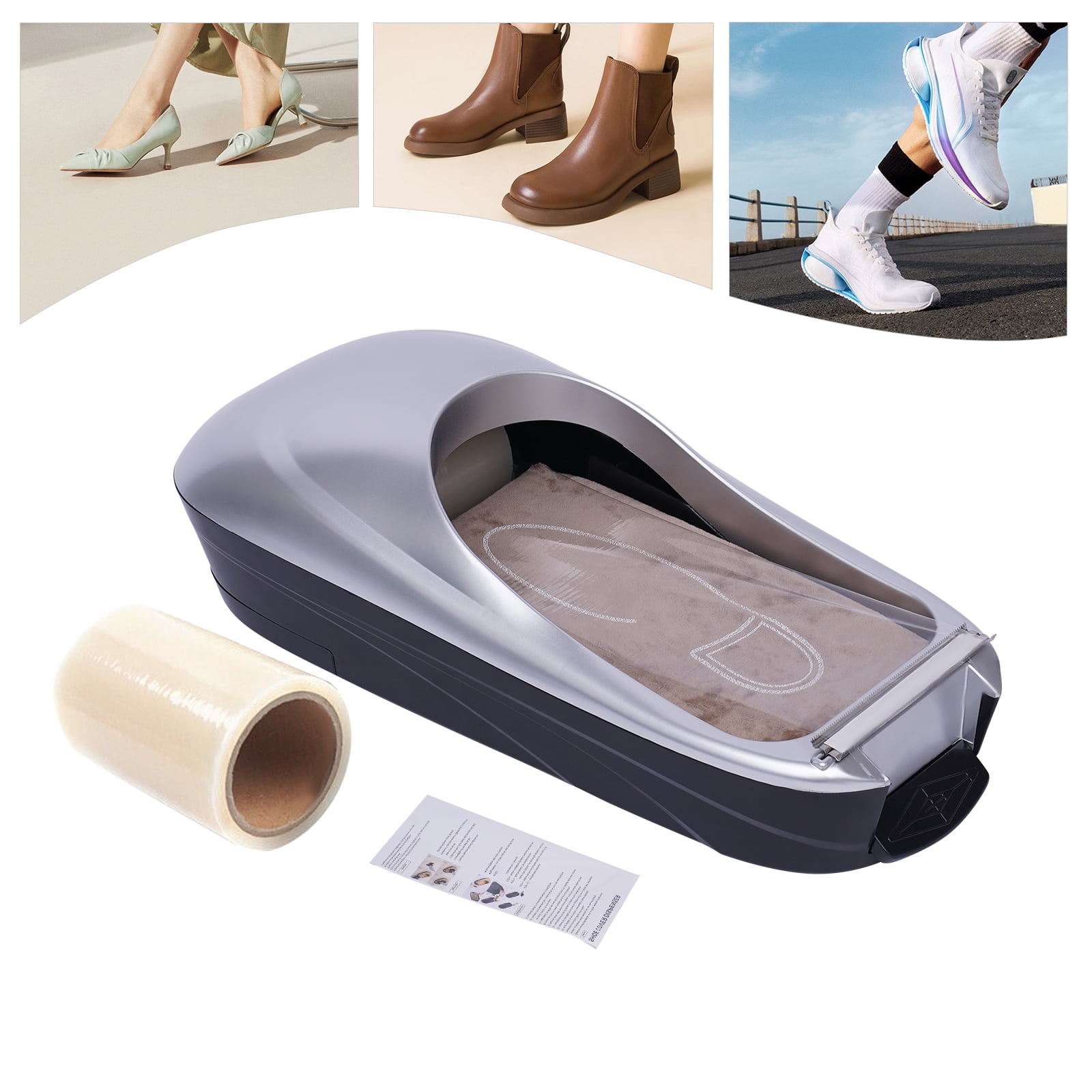 Shoe Wrapping Machine, Automatic Shoe Cover Machine Home Office Lab Shoe Film Machine, Portable Disposable Overshoes Dispenser Machine (Silver with 1 Roll non slip Shoe Film)