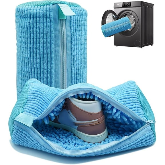 Shoe washing machine bag, Laundry shoe bag for washer and dryer, Reusable Zipper Plush Sneaker Washing Machine Bag for Shoes, Gym, Tennis, Sports Delicate Blue 2 pc
