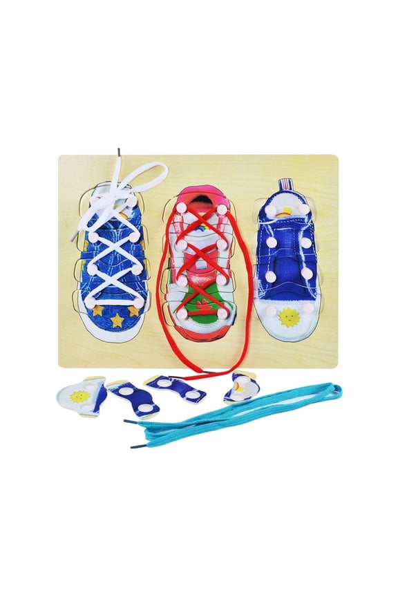 Shoelace Tying Practice Wooden Toy, Lacing Shoe Fine Motor Skill Development Activity, Hand-Eye Coordination Training Educational Tool for 3+ Years