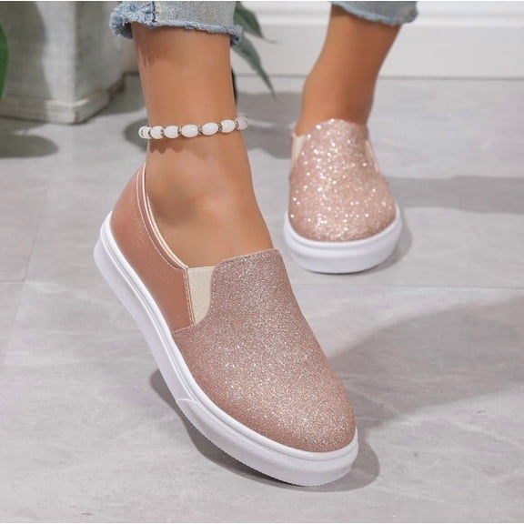 Shoes Gold Glitter Slip-On Platform Sneakers - Breathable Casual Shoes for Women