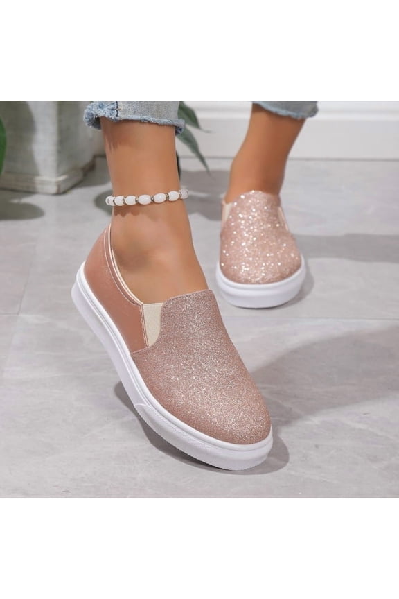 Shoes Gold Glitter Slip-On Platform Sneakers - Breathable Casual Shoes for Women