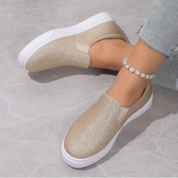 Shoes Gold Glitter Slip-On Platform Sneakers - Breathable Casual Shoes for Women