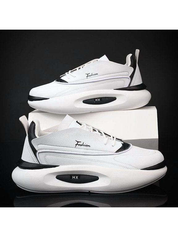 Shoes for Men White Base with Blue Accents, Fashion - Printed Details, Air Cushion Midsole for Comfort, Thick Sole with Textured Design, Breathable Upper, Streetwear Aesthetic