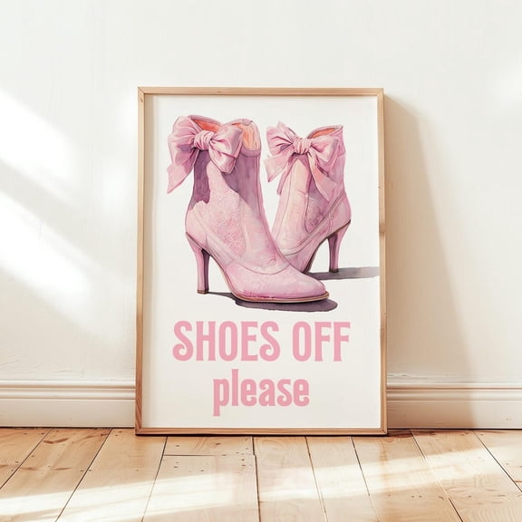 Shoes Off Entryway Pink Boots Wall Art, Unframed Paper Print Size 8x12