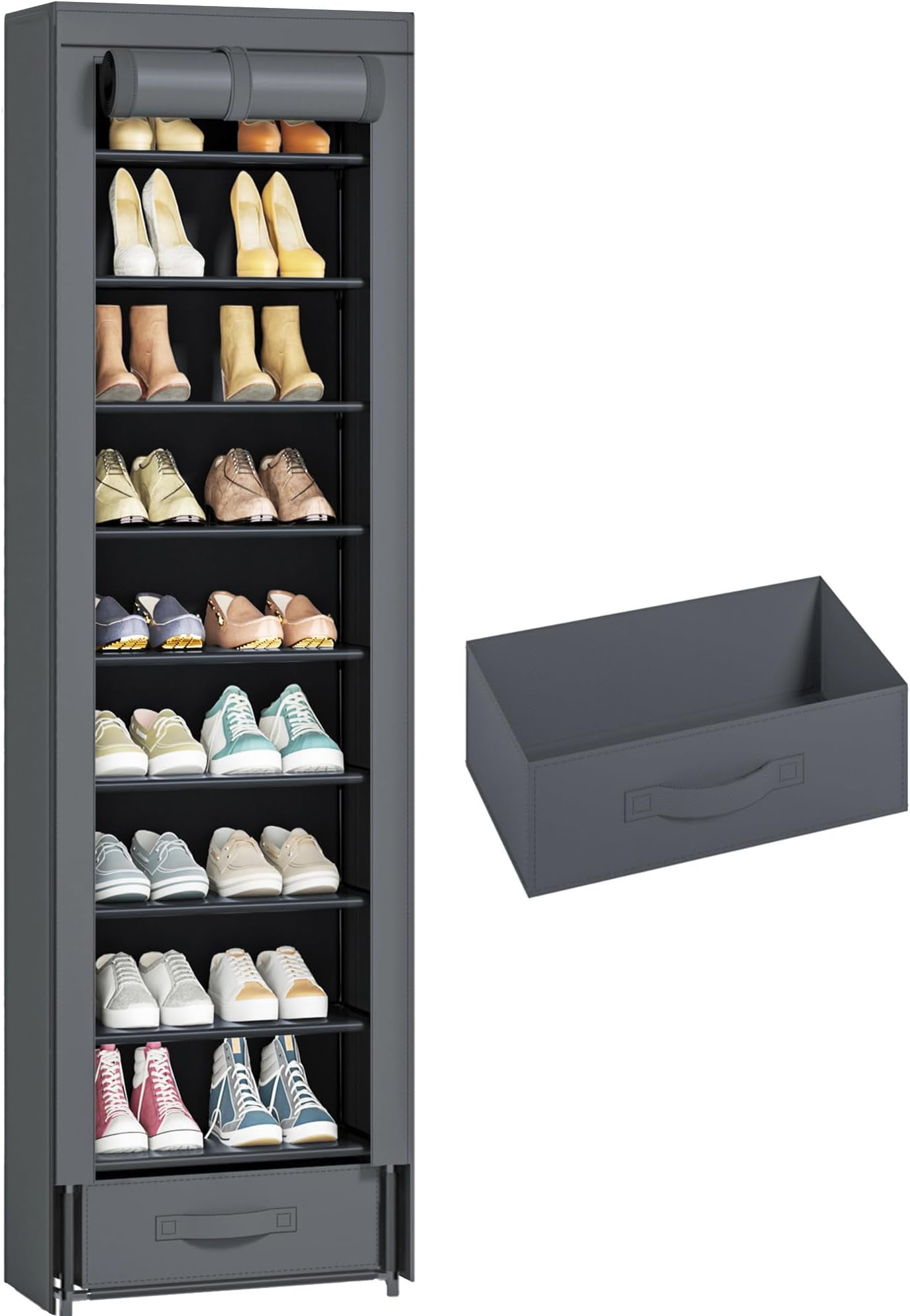 Shoes Rack 10 Tier Tall Narrow Shoe Rack with Bin Covered Shoe Shelf ...