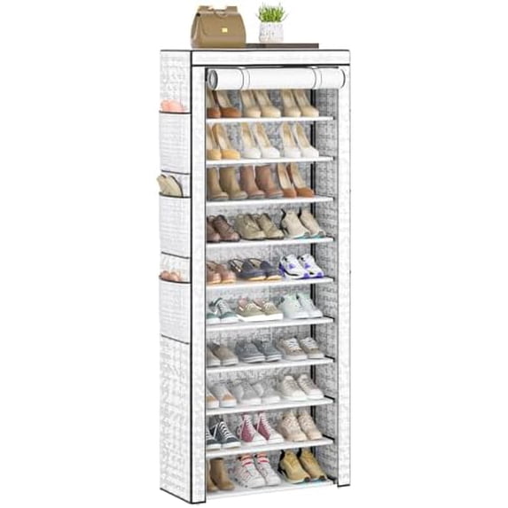 Shoes Rack 10 Tier Tall Shoe Rack with Storage Pockets, Fabric Covered ...