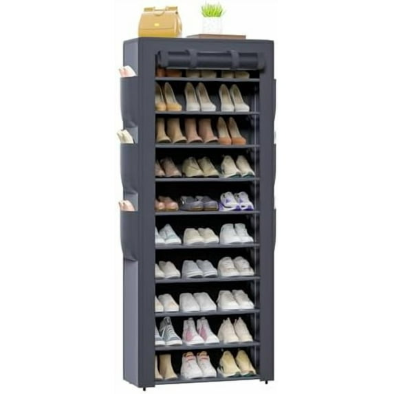 Shoes Rack 10 Tier Tall Shoe Rack with Storage Pockets, Fabric Covered ...