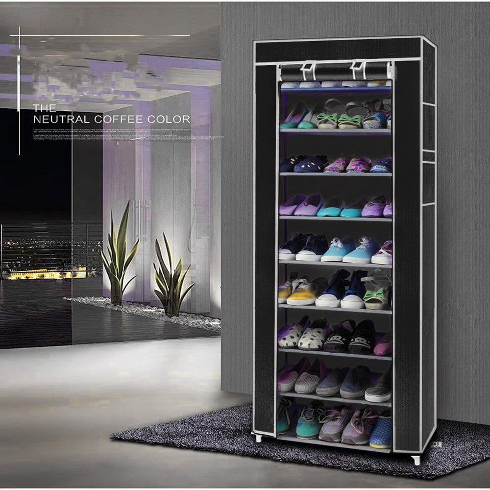 Shoes Rack with Cover, paproos 10 Tier Shoes Organizer, Fabric Sneaker Rack with Dustproof Nonwoven Fabric Cover, Room-saving Shoe Storage Cabinet for Entryway, Free Standing Tall Shoe Holder, Black