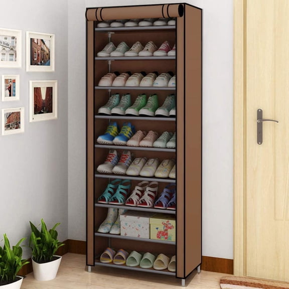 Shoes Rack with Cover, paproos 10 Tier Shoes Organizer, Fabric Sneaker Rack with Dustproof Nonwoven Fabric Cover, Room-saving Shoe Storage Cabinet for Entryway, Free Standing Tall Shoe Holder, Coffee
