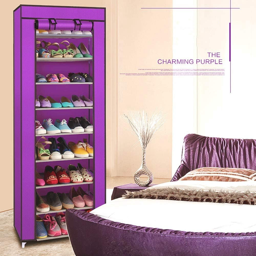 Shoes Rack with Cover, paproos 10 Tier Shoes Organizer, Fabric Sneaker Rack with Dustproof Nonwoven Fabric Cover, Room-saving Shoe Storage Cabinet for Entryway, Free Standing Tall Shoe Holder, Purple