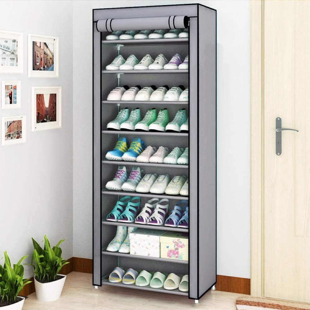 10 Tiers Shoe Rack, Paproos Fabric Shoe Storage Cabinet Organizer with Dustproof Cover, Space Saving Shoe Shelf Closet Storage, Fit 27 Pairs Shoe Shoe Organizer for Entryway Living Room Dorm, Gray
