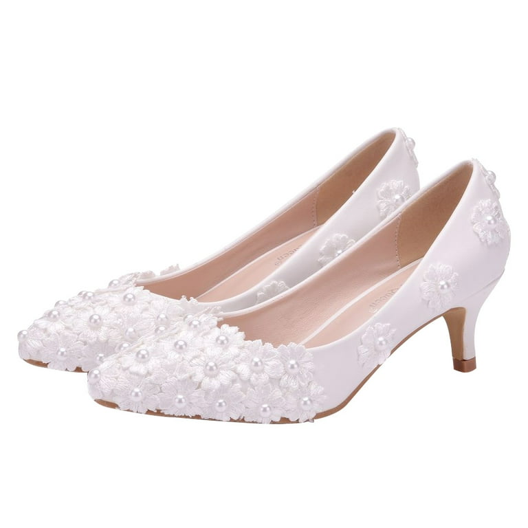 Canvas women shoes Ankle flower cheapest White lace Wedding Wedge Heel Bridal low heel 1.5 inch pumps shoes US SIZE 5-US 9