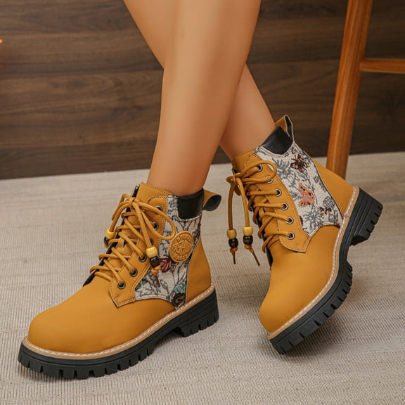 Shoes for Women Combat Boots Chunky Lug Sole Ankle Boots Women's Embroidery Fashionable Fall And Winter Style Super Eye-Catching Trendy Workwear Short Boots Yellow 38