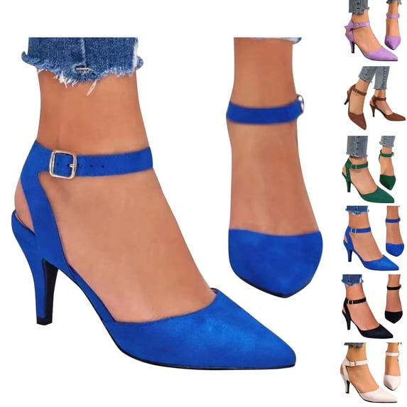 Shoes for Women Dressy Casual Women's Summer Large Size Suede Hollow Ankle Buckle Fashion Outside Wearing Women's High Heels Solid Color Pointed Sandals Ankle Strap Short Sandalswith Buckle