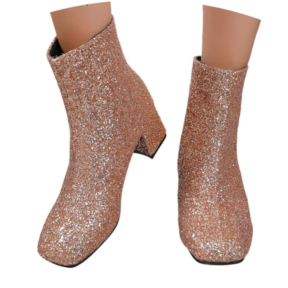 Shoes for Women Carnival Ladies Fashion Solid Color Sequin Thick Heel Zipper Short Boots Shoes