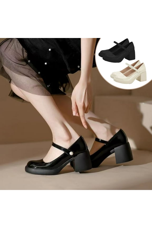 Shoes for Women New Mary Jane Shoes Women Fashion High Heel Thick Bottom Buckle Bead Round Head Retro Single Shoes Mid-heeled ShoeWhite4.5