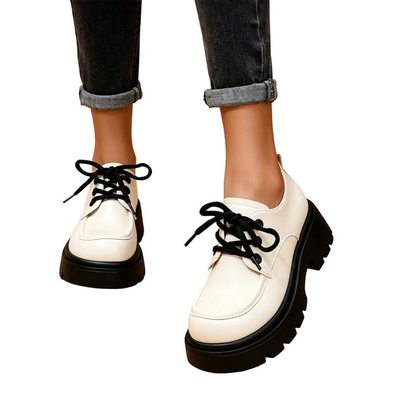 Shoes for Women Lace-Up Comfortable Shoes for Office Daily Wear Women's Leather Block Heel Round Toe Business Work Dress Shoes