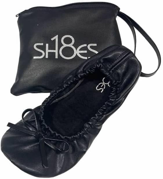 Kids Girls Foldable Portable Travel Ballet Flat Shoes w/Matching Carrying Case K501 Black 1/2