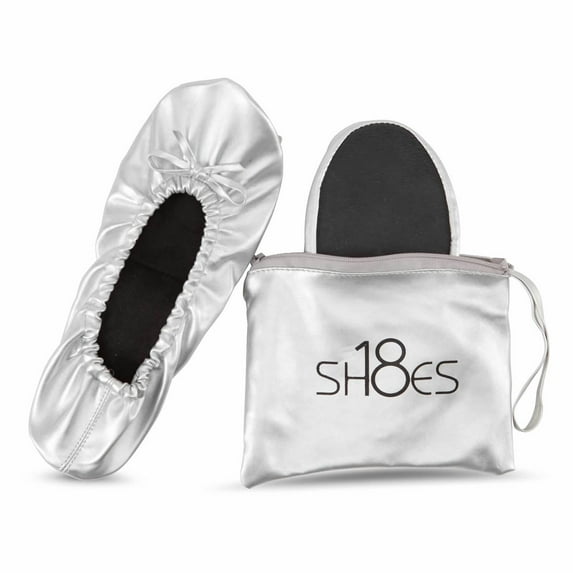 Shoes8teen Women's Foldable Portable Travel Ballet Flat Shoes w/Matching Carrying Case (7/8, Silver sh18-1)