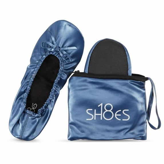 Shoes8teen Women's Foldable Portable Travel Ballet Flat Shoes w/Matching Carrying Case SH-18 Navy 7/8