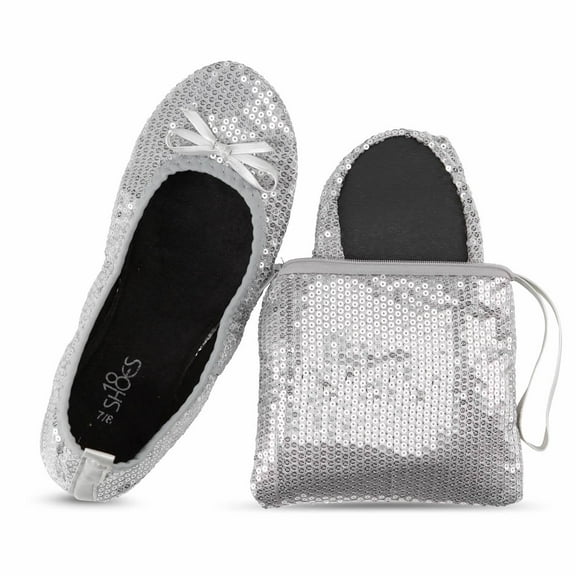Shoes8teen Women's Foldable Portable Travel Ballet Flat Shoes w/Matching Carrying Case Case Silver Sequins 9/10