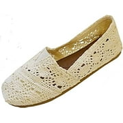 Shoes8teen Womens Canvas Crochet Slip on Shoes Flats 7/8, Cream 3008