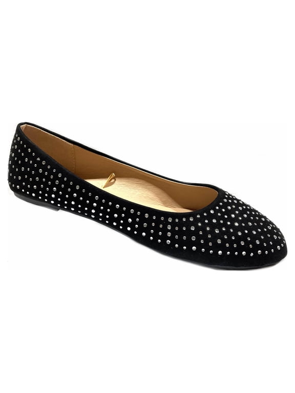 Womens Faux Suede Rhinestone Ballerina Ballet Flats (9/10, 4021 Black/Silver)