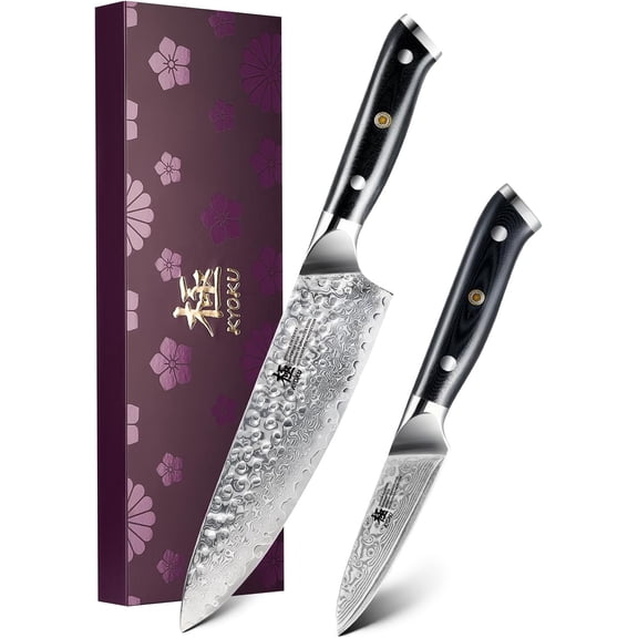 Shogun Series 2pc Japanese Style Kitchen Knife Set 8 Chef 3.6 Paring Knife with Sheath Gift Box Professional Sharp Damascus Stainless Steel Knives for Meat Vegetable Fruit