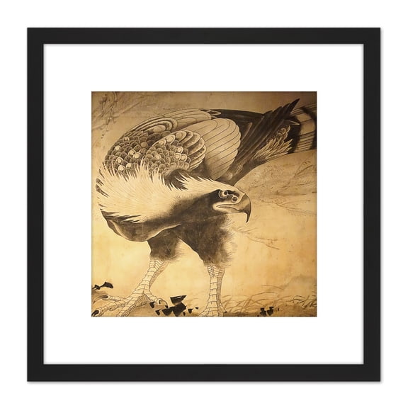 Shohaku Hawk Bird Japanese Painting 8X8 Inch Square Wooden Framed Wall Art Print Picture with Mount