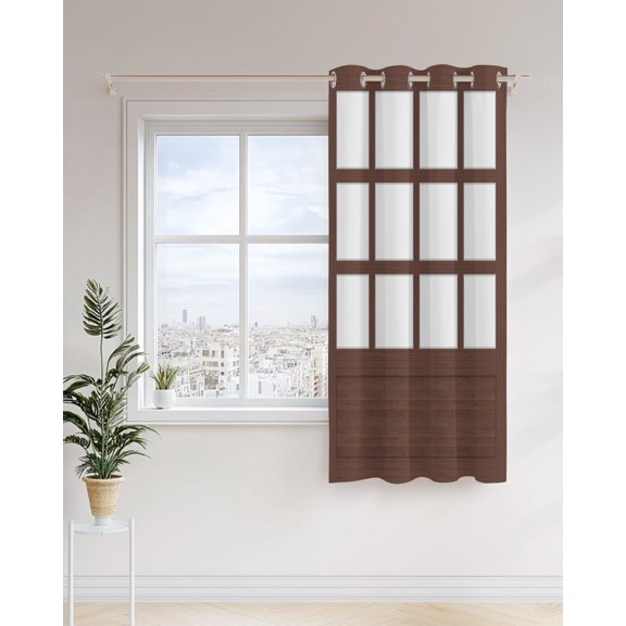 Shoji Screen Curtains 36 inches Long for Living Room Bedroom Japanese Style Dark Brown Wood Texture Sliding Door Sheer Curtains Light Filtering Curtain 1 Panel Grommet Window Drape