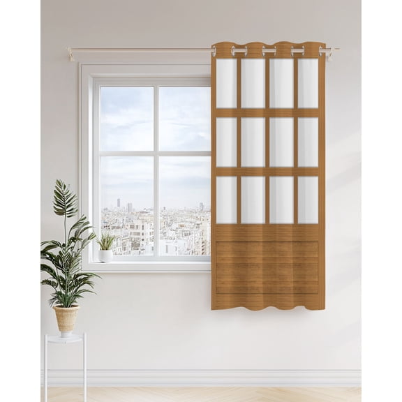 Shoji Screen Curtains 36 inches Long for Living Room Bedroom Japanese Style Light Oak Wood Texture Sliding Door Sheer Curtains Light Filtering Curtain 1 Panel Grommet Window Drape