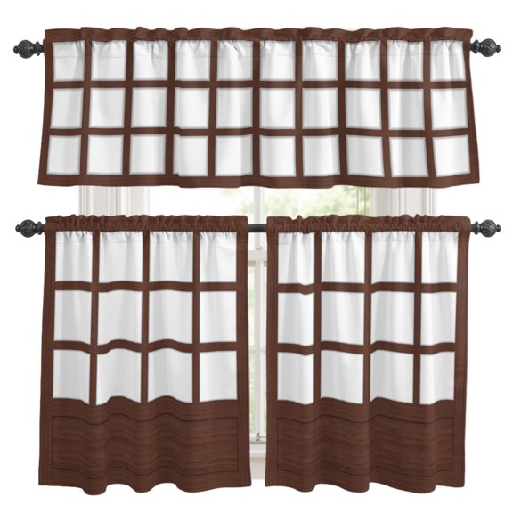 Shoji Screen Kitchen Curtains Set for Windows, Japanese Style Dark Brown Wood Texture Curtains Valance and Tier 3 Piece Set Small Drapes 24 Inch Length for Kitchen Bedroom Decor