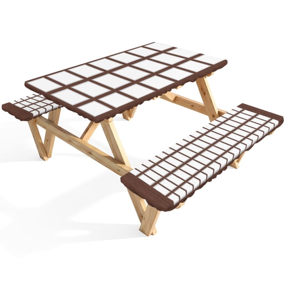 Shoji Screen Picnic Table Cover with Bench Covers Japanese Style Dark Brown Wood Texture Waterproof Fitted Picnic Tablecloth 3 Pieces Set Table Cloth for Outdoor Camping Garden BBQ
