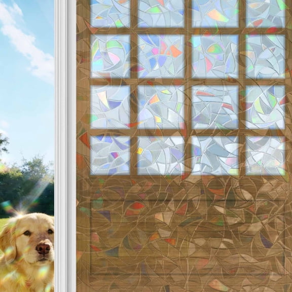 Shoji Screen Rainbow Window Privacy Film, Japanese Style Light Oak Wood Texture Stained Glass Window Film, Sun Blocking Glass Clings Static Cling Non Adhesive Door Stickers 17.7 x 39.3 Inches