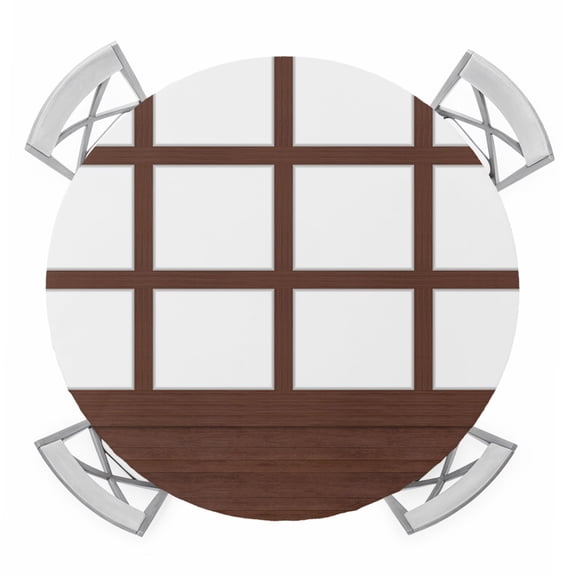 Shoji Screen Round Table Cover, Japanese Style Dark Brown Wood Texture Waterproof Fitted Tablecloths for 36"-44" Tables, Washable Picnic Table Cover for Camping Dining Indoor Outdoor