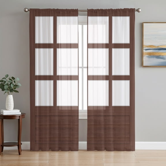 Shoji Screen Sheer Curtains for Living Room Bedroom, Japanese Style Dark Brown Wood Texture Light Filtering Sheer Curtain Rod Pocket Voile Window Treaments Drapes, 52 x 63 Inches