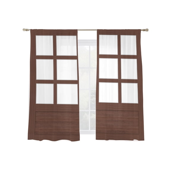Shoji Screen Sheer Curtains for Living Room Bedroom, Japanese Style Dark Brown Wood Texture Light Filtering Sheer Curtains, Rod Pocket Voile Window Drapes, 2 Panels Set 52"x 72"
