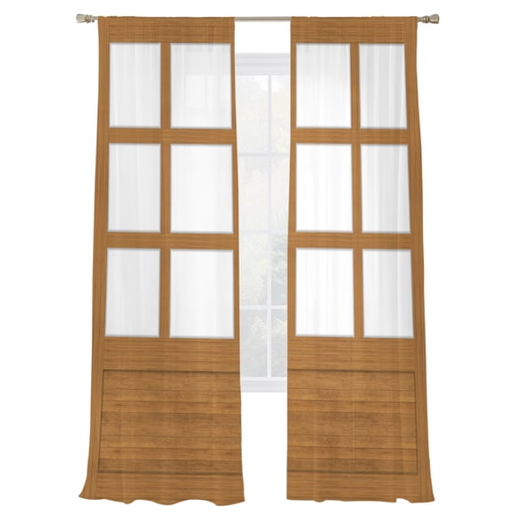 Shoji Screen Sheer Curtains for Living Room Bedroom, Japanese Style Light Oak Wood Texture Light Filtering Sheer Curtains, Rod Pocket Voile Window Drapes, 2 Panels Set 52"x 108"