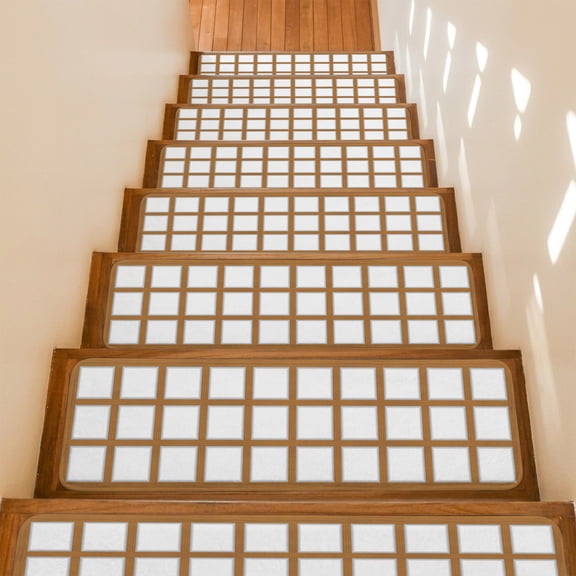 Shoji Screen Stair Treads Non Slip for Steps Japanese Style Light Oak Wood Texture 15 Pcs Reusable Adhesive Stair Runner Mats for Dogs Elders Carpet Treads Rugs for Staircase 8x30 In